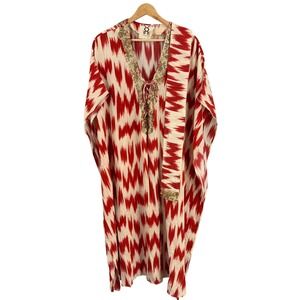 Figue Silk Kaftan Size XS/S Red Ikat Print Gold Sequin Trim Boho Resort Luxury
